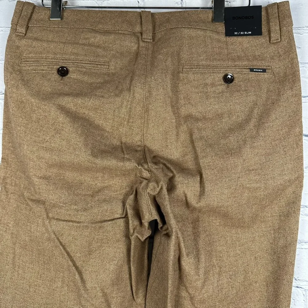 Bonobos Flat Front Brushed Cotton Slim‎ Herringbone Chino, Size W32 x L32, Khaki